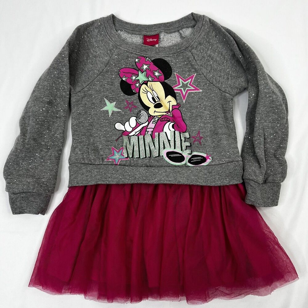 Disney Girls Minnie Mouse Dress Size 5 Long Sleeve Gray And Pink